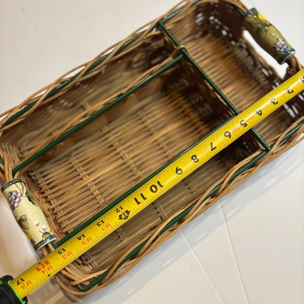Wicker Utensil Caddy Green Ceramic Handles 4 Compartments Picnic Cottagecore